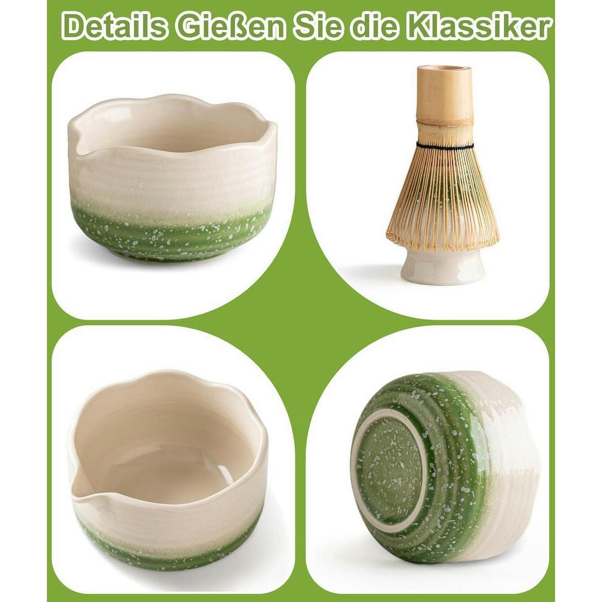 MATCHA Set 7-teiliges Set Bambus Besen Keramik Schale mit Ausgießer Grün Gradient - Grün, Keramik (15/10/15cm)