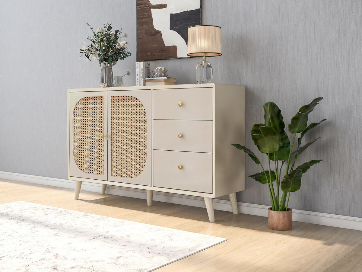 SIDEBOARD mit 2 Türen und 3 Schubladen, Offwhite mit Rattangewebe, 120/40/82,5 cm, Ecru - Ecru, Holzwerkstoff (120/82.5/40cm) - Redom