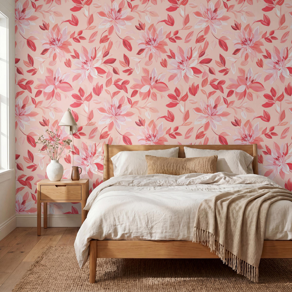 TAPETE - Botanisch - Blumen - Rot - 300x240 cm - Koralle, Papier (300/240cm) - OnlyWow