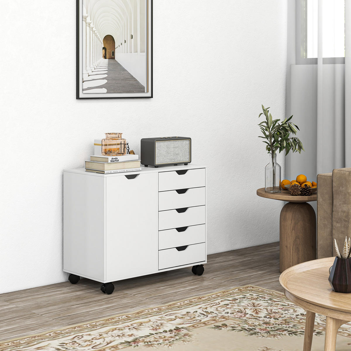 AKTENREGAL DE-14435 5 Schubladen + 1 Tür, verstellbar Weiß - Weiß, Holzwerkstoff (40/66.5/78cm) - ComfortXL