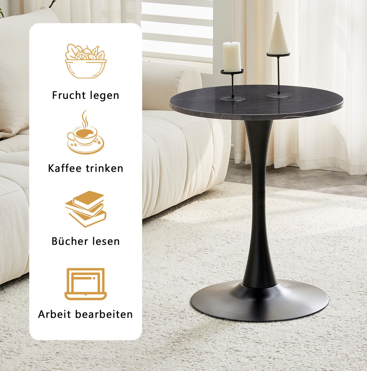 BEISTELLTISCH 60/60/72 cm in runder Form mit thermoformierter Tischplatte und Metallgestell, Schwarz - Schwarz, Holzwerkstoff (60/60/72cm) - Redom