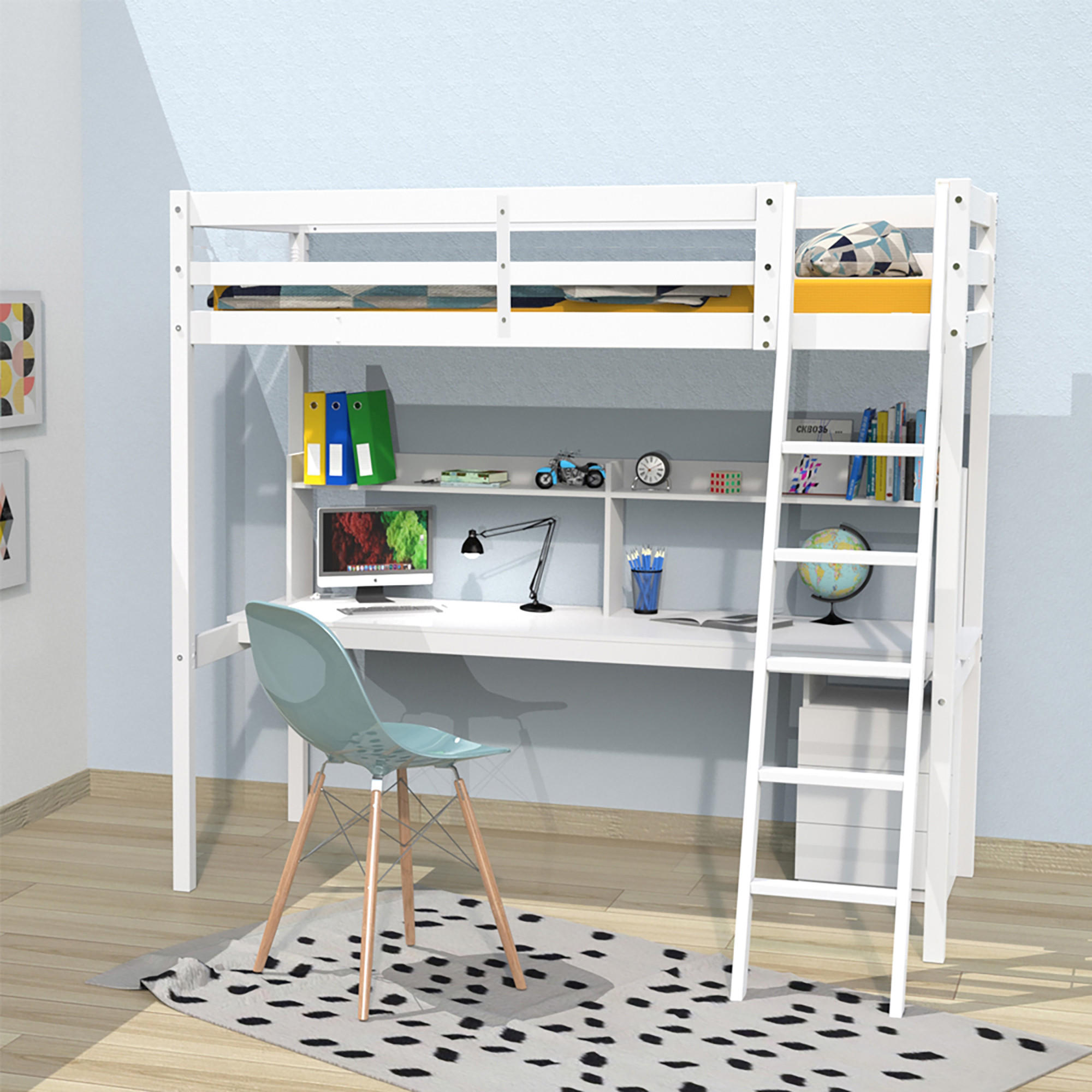 HOCHBETT STUDIO mit Schreibtisch Regal/ Hochbett 90x190 - Weiß - Weiß, Holz (90/190cm) - Weber Industries