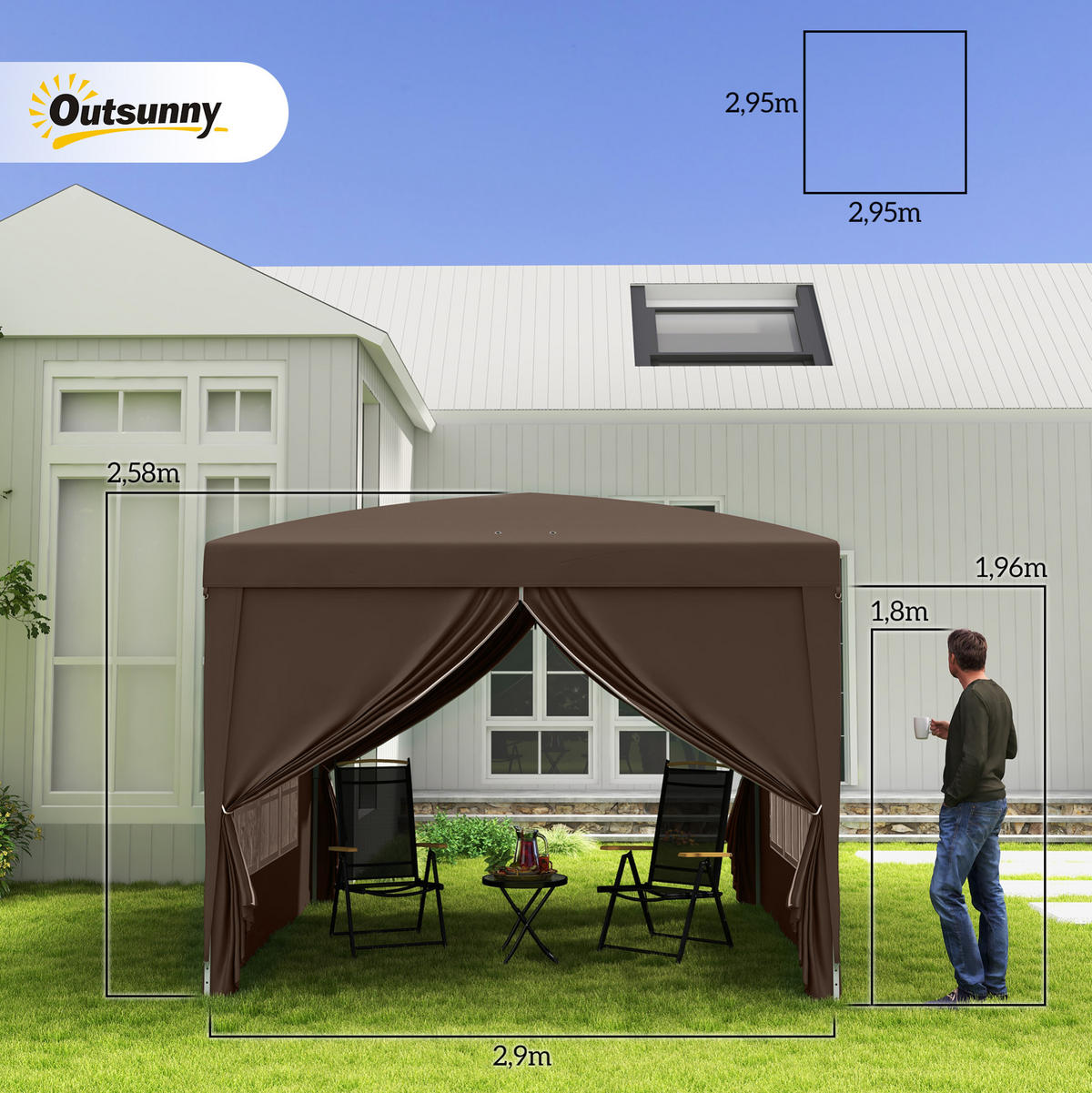 PAVILLON 295/295/258 cm mit 4 Seitenteilen, UV-Schutz und Tragetasche, Coffee - Braun, Textil (295/258/295cm) - Redom