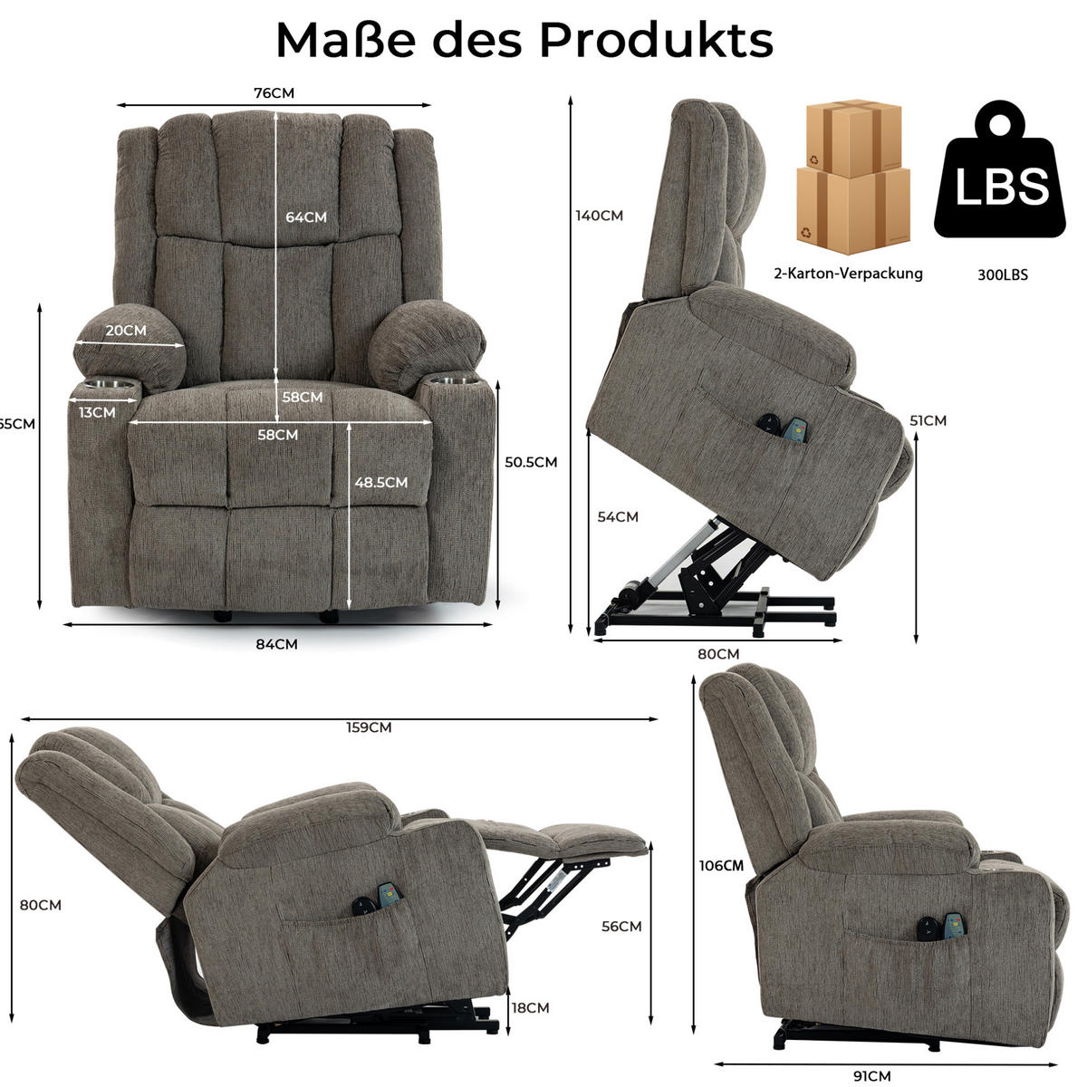 RELAXSESSEL Samt mit Aufstehhilfe, Massage, Wärmefunktion 91/84/106 cm Hellbraun - Hellbraun, Textil (84/106/91cm) - Redom