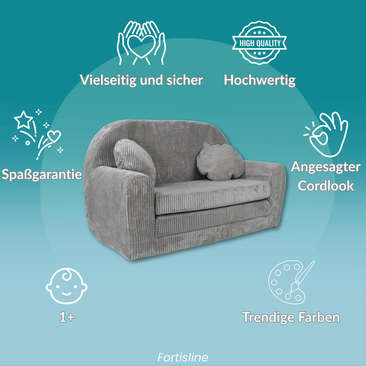 SOFA David - Ausklappbares Kindersofa aus Teddystoff mit Verlängerung - in Schwarz - Schwarz, Textil (100/60/50cm) - Fortisline