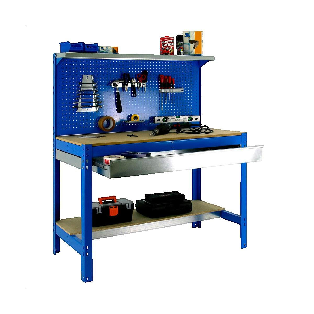 WERKBANK BUFFALO mit Werkzeugwand, Schubfach und Ablage | HxBxT 84x120x61cm | Traglast 600kg | Blau - Blau, Metall (121/144.5/61cm) - Sonstige