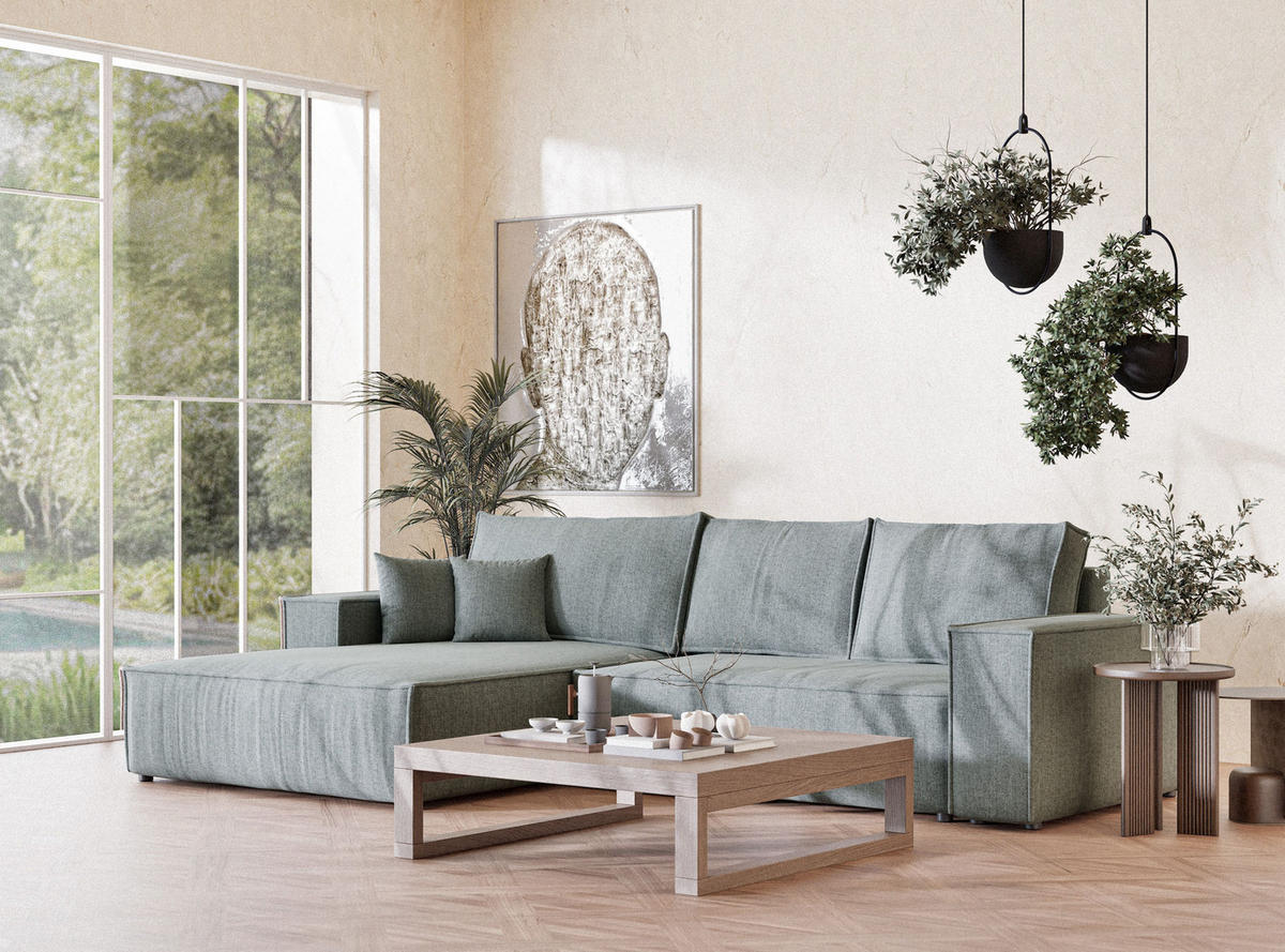 ECKSOFA Maze Blau grau Webstoff - Links Seite - Blaugrau/Schwarz, Holz/Holzwerkstoff (185/294cm) - Maison de Reve