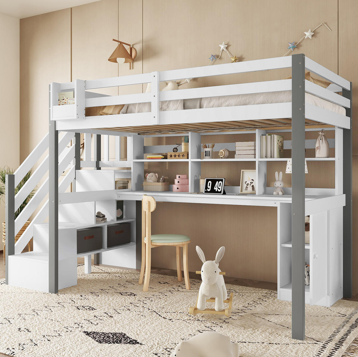 HOCHBETT 90/200 cm Weiß/Grau aus Massivholz und MDF mit Schreibtisch und Stauraum - Weiß, Holz (90/200cm) - OKMYHOME