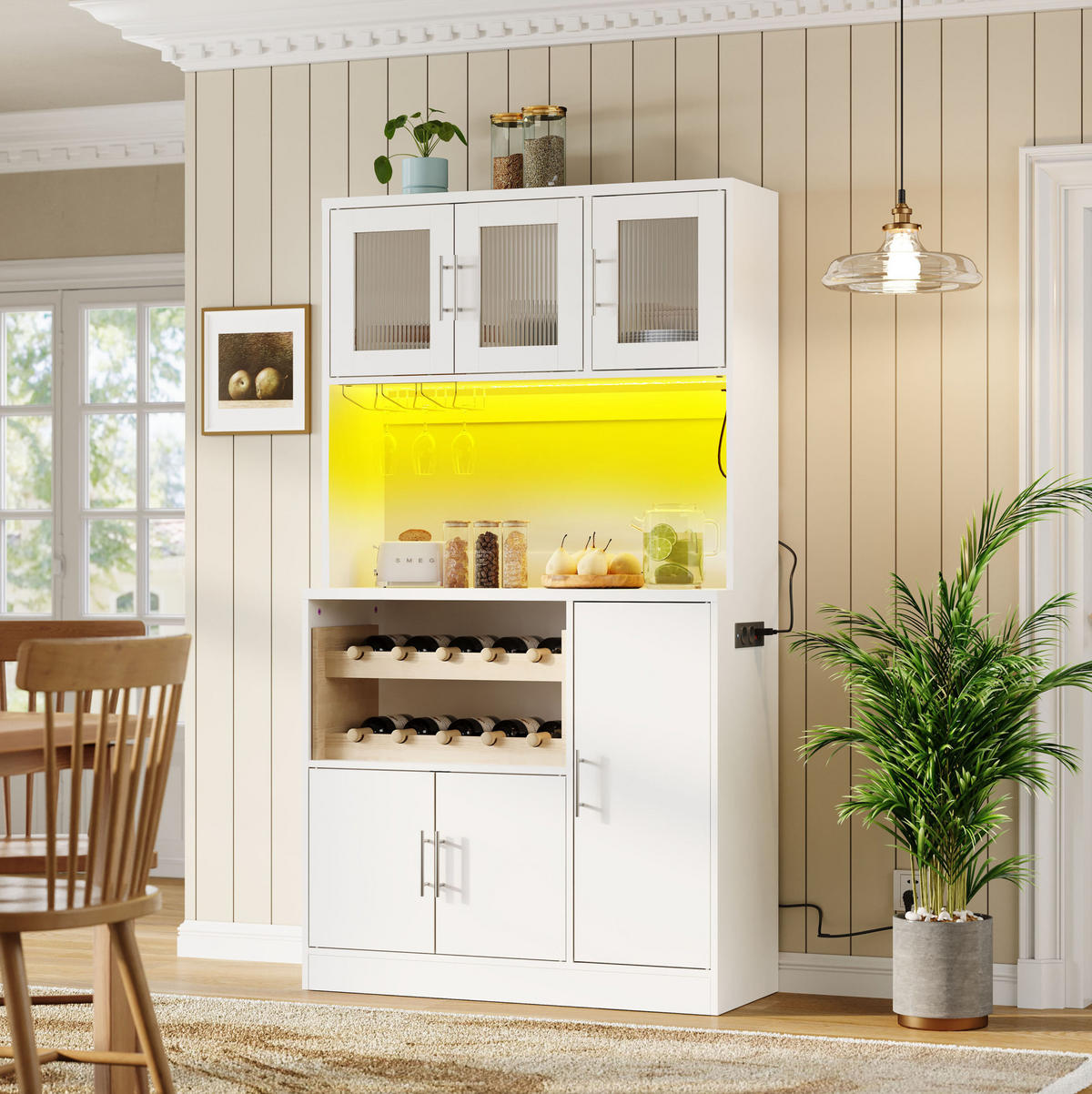 BUFFET aus MDF 100x40x180 cm Weiß mit RGB-LED, Steckdosenleiste, Weinglashalter und Weinregal - Weiß, Holzwerkstoff (100/180/40cm) - Modfu