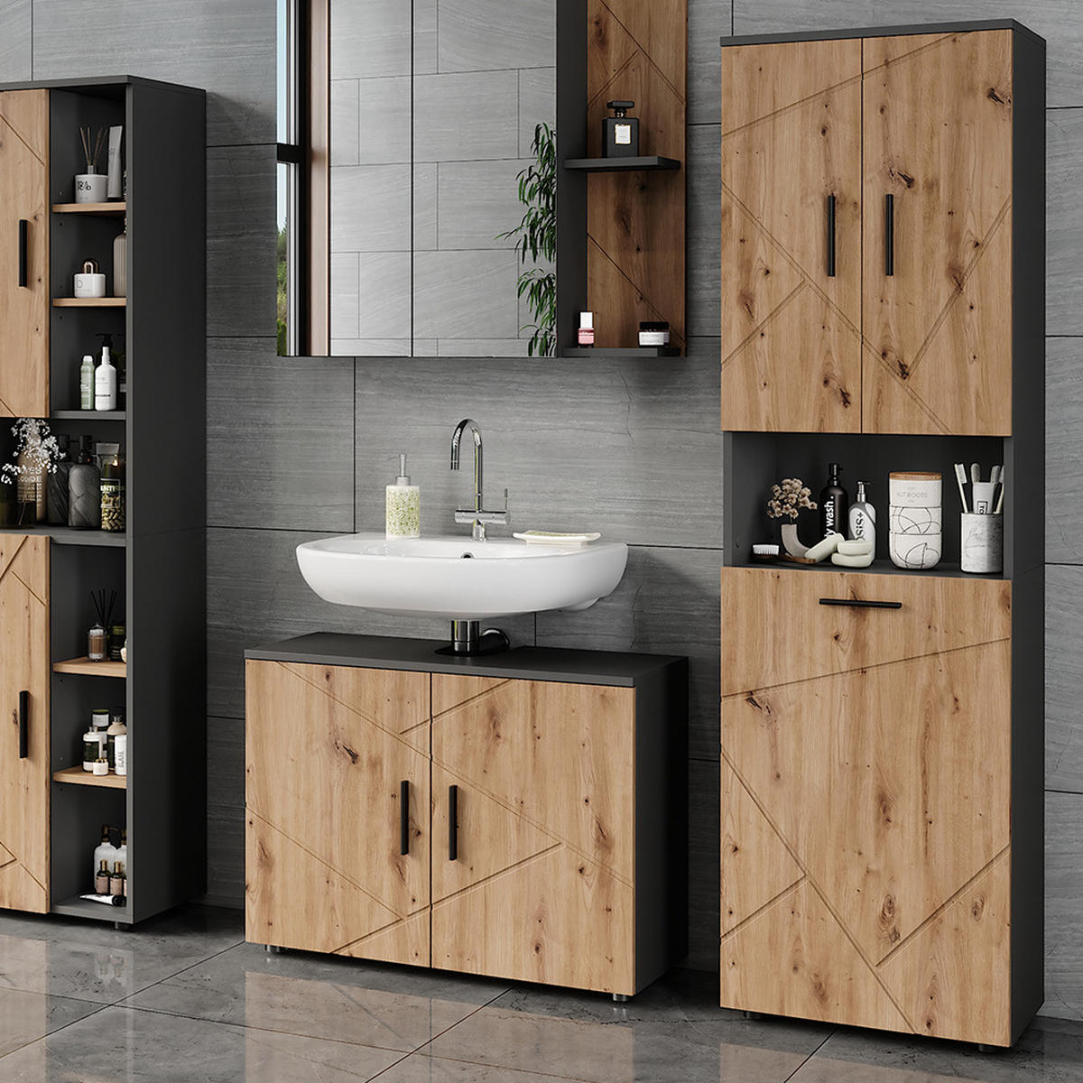 HOCHSCHRANK Irma Anthrazit/Artisan 50 x 172 cm mit Wäschkorb - Anthrazit/Eiche Artisan, Holzwerkstoff (50/172/30cm) - Vicco