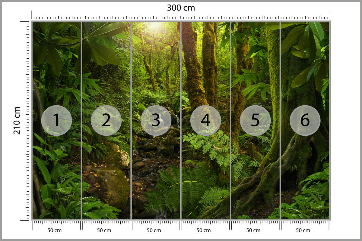 FOTOTAPETE für Wohnzimmer Wilder Dschungel Exotische Bäume Blätter 300x210 - Gelb/Braun, Papier (300/210cm) - Muralo