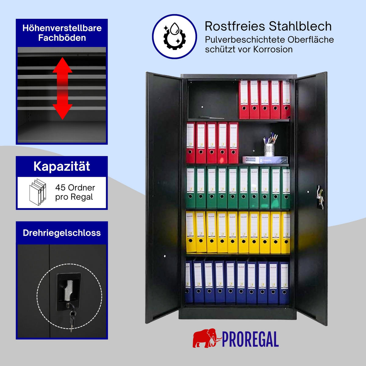 FLÜGELTÜRENSCHRANK Elephant 2er-Set 180x80x40cm 4 Ebenen Schwarz - Schwarz, Metall (160/180/40cm) - PROREGAL