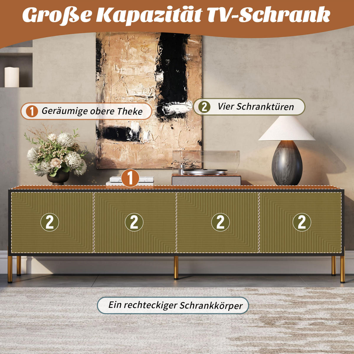 TV-SCHRANK aus Holzwerkstoff 179x35x53,5 cm Schwarz/Natur mit 4 Türen und strukturiertem Frontdesign - Hellbraun, Holzwerkstoff (179/53.5/35cm) - Modfu