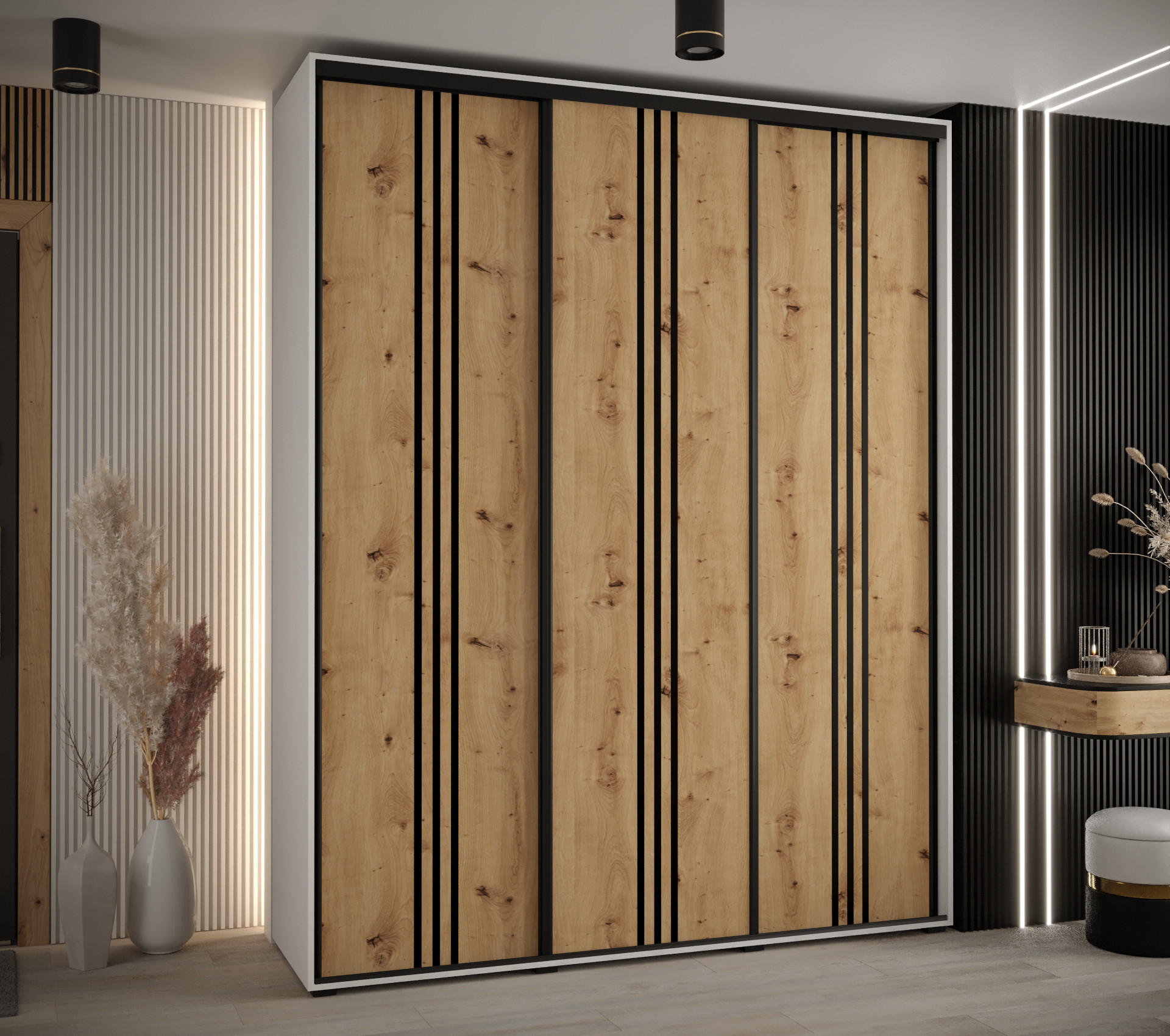 SCHWEBETÜRENSCHRANK 235,2/200/45 3-türig - Schwarz/Weiß, Holz/Metall (200/235/45cm) - Abiks Möbel