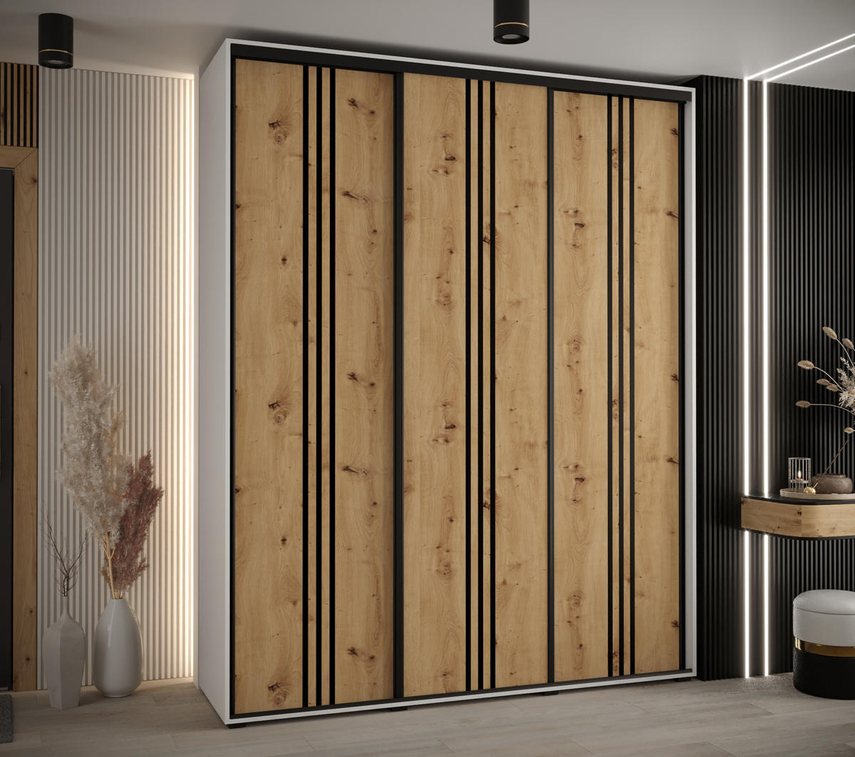 SCHWEBETÜRENSCHRANK 235,2/200/45 3-türig - Schwarz/Weiß, Holz/Metall (200/235/45cm) - Abiks Möbel