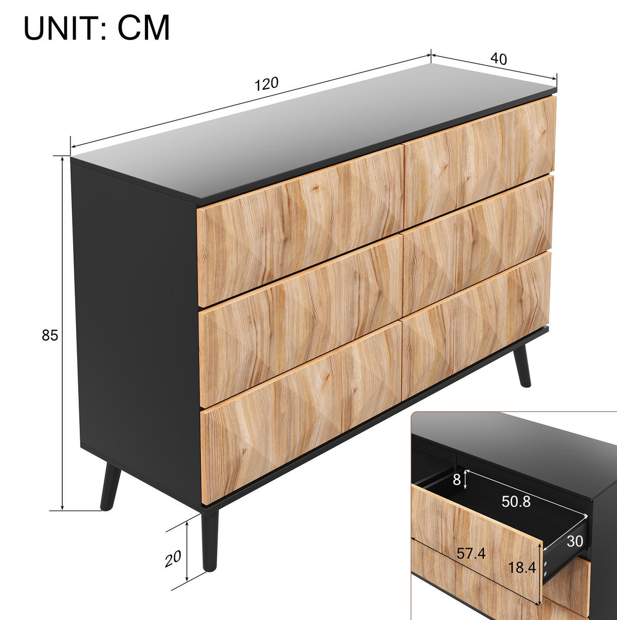 SIDEBOARD 120/40/85 cm z MDF a dřevotřísky v černé a přírodní barvě se 6 zásuvkami - přírodní, kompozitní dřevo (40/85/120cm) - Modenvie