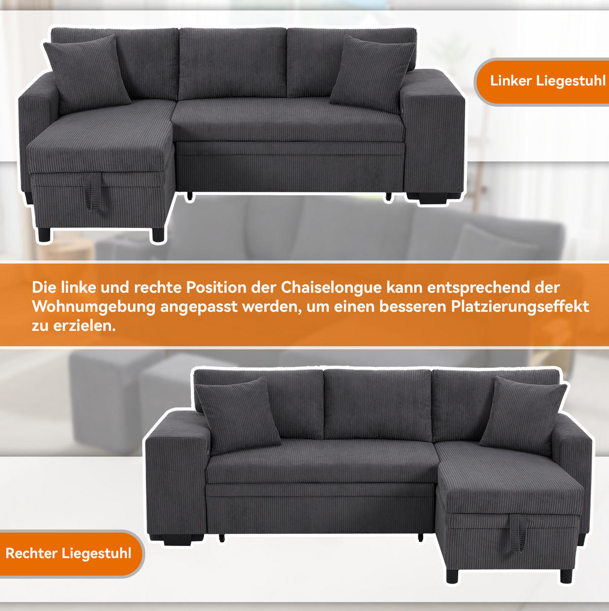 ECKSCHLAFSOFA Ecksofa Cord mit USB-Anschluss Stauraum und Ablagen Grau 231/131,5/84 cm - Grau, Textil (84/131.5cm) - Redom
