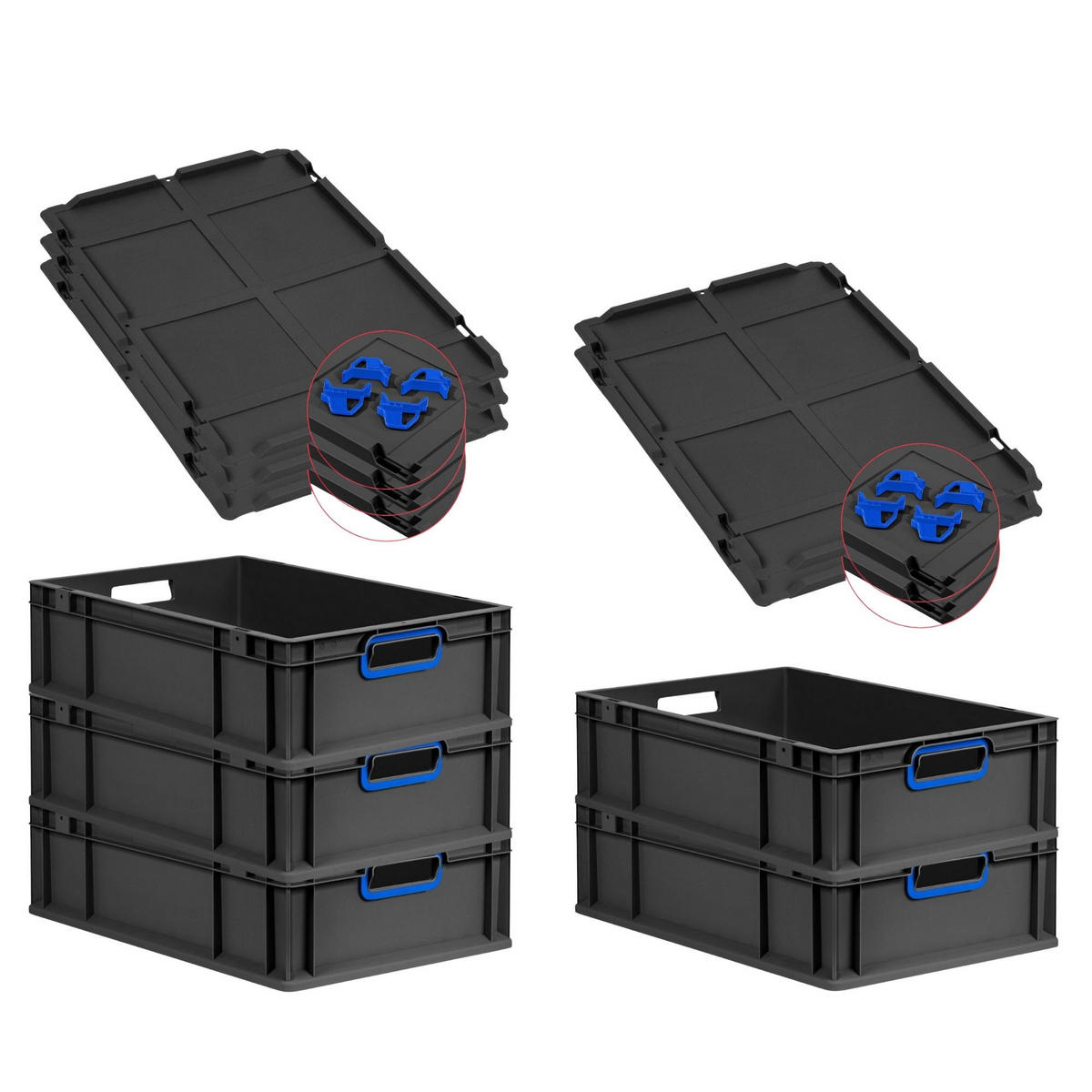 EUROBOX 5x NextGen Color mit Auflagedeckel 17x40x60 cm 34 Liter Schwarz Griffe blau offen - Blau/Schwarz, Kunststoff (40/17/60cm) - PROREGAL