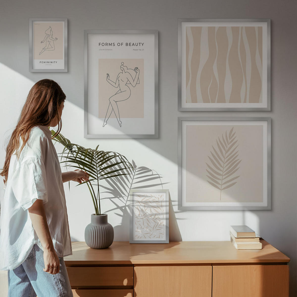 WANDBILDER 5er Set - 50x50 cm & 20x30 cm & 40x60 cm Silberner Rahmen - Minimalistische Pflanzenmotive - Silberfarben, Kunststoff (40/60cm) - ArtPrintCave