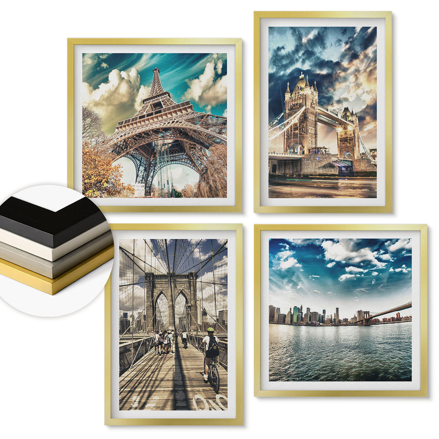 WANDBILDER 4er Set - 50x50 cm & 40x60 cm Goldrahmen - Turmbrücken in europäischen Städten - Goldfarben, Kunststoff (50/50cm) - ArtPrintCave