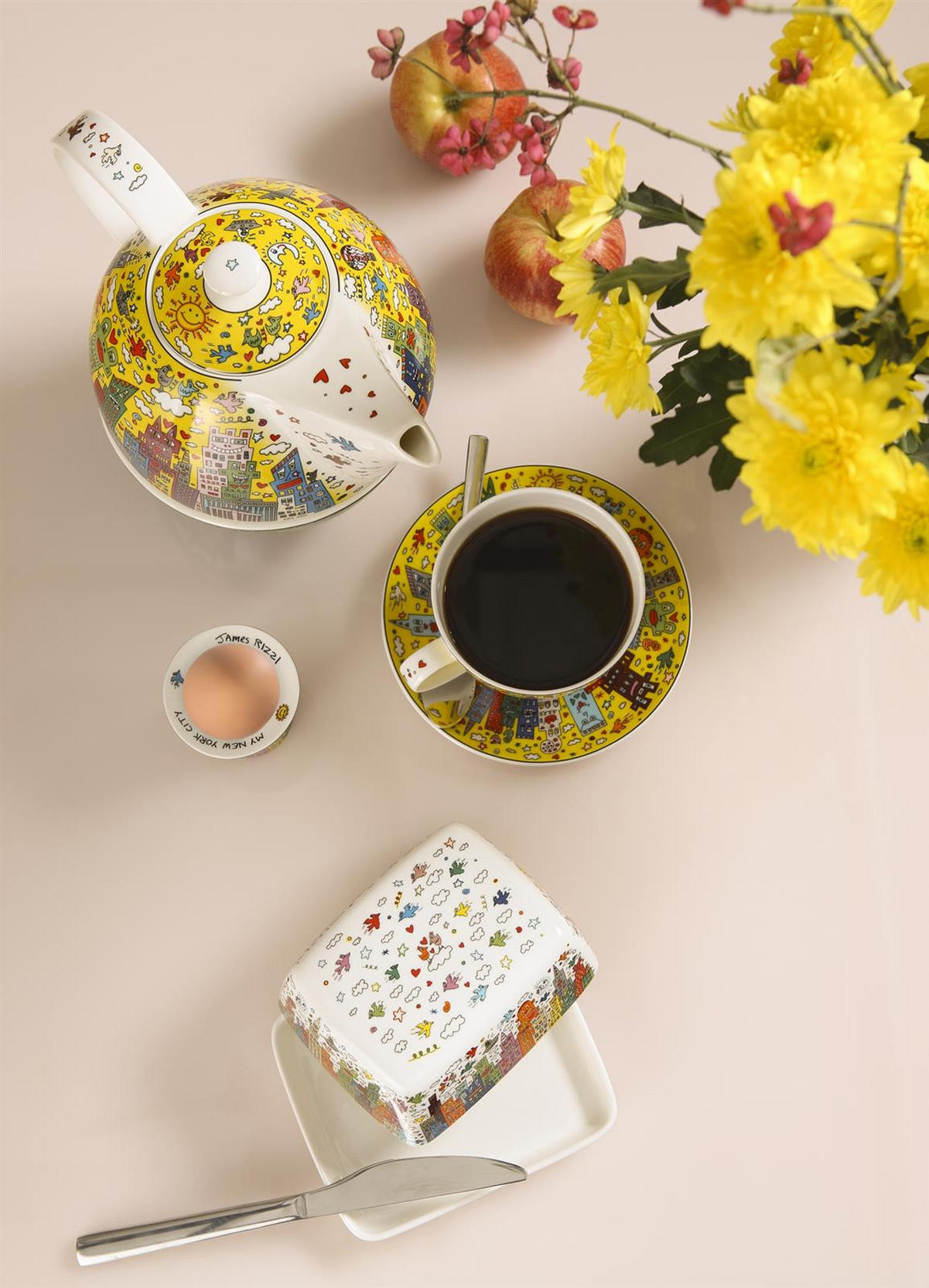 TEEKANNE MIT STÖVCHEN James Rizzi - My New York City Sunset bunt 1,2 l - Multicolor, Keramik (1.2L) - Goebel