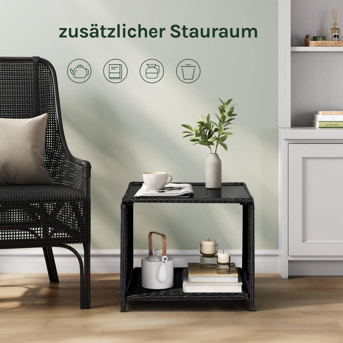 GARTENTISCH mit offenem Fach, Schwarz - Schwarz, Glas/Kunststoff (45/45/40cm) - Woltu
