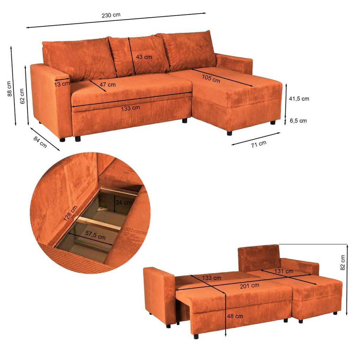 ECKSOFA THEO/ umwandelbar und wendbar, mit Truhe in Cord - Terracotta - Terracotta, Textil (145/230cm) - Weber Industries