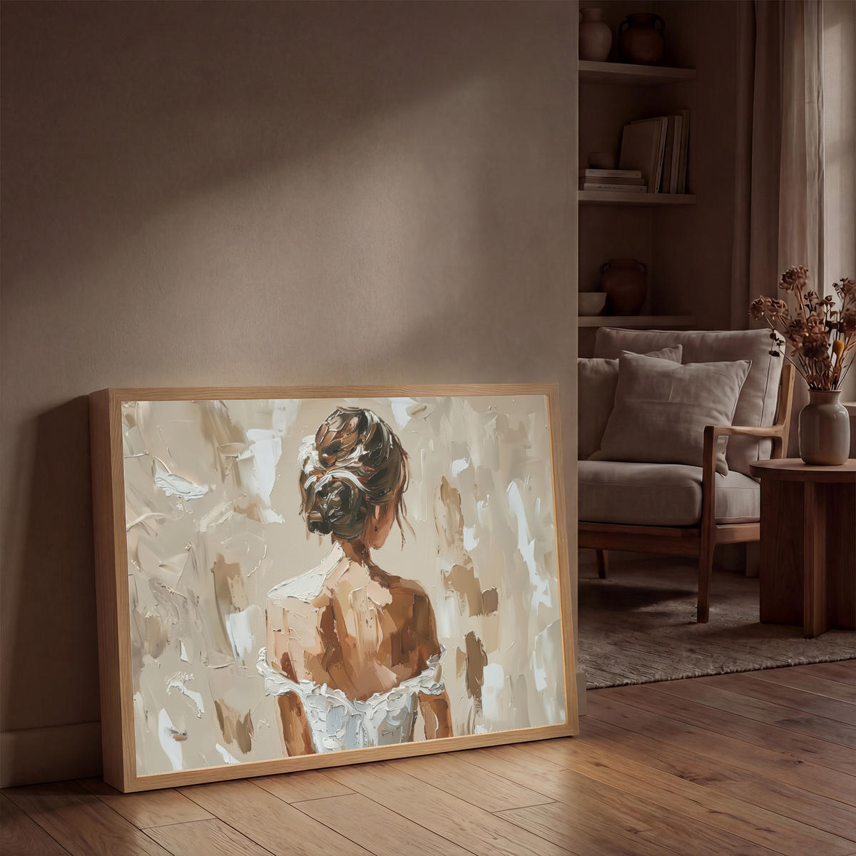 NÁSTĚNNÁ LAMPA S AKUMULÁTOREM Žena - malba - abstraktní - béžová - moderní 100x70 cm - světle hnědá, kompozitní dřevo (100/70/8cm) - OnlyWow