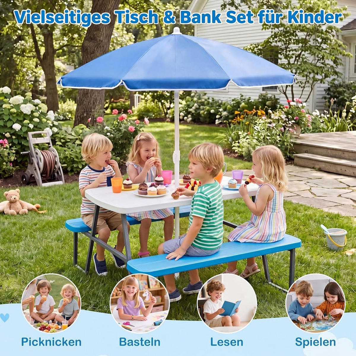 KINDERSITZGARNITUR mit Sonnenschirm blau - Blau, Kunststoff - COSTWAY