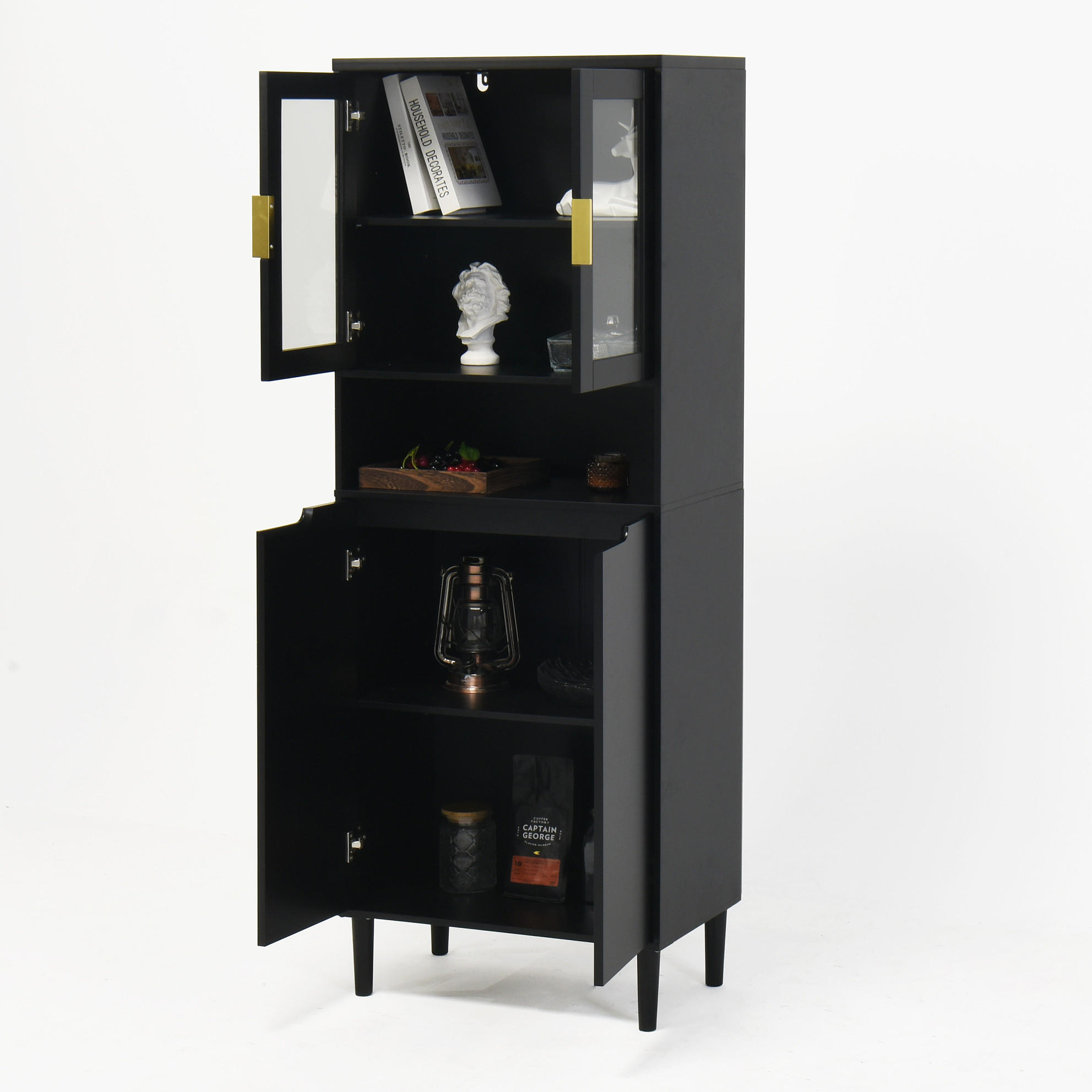 HOCHSCHRANK mit Glastüren, verstellbarem Einlegeboden und Kippschutz, vielseitiger Stauraum, Schwarz - Schwarz, Holzwerkstoff (60/160/35cm) - Redom