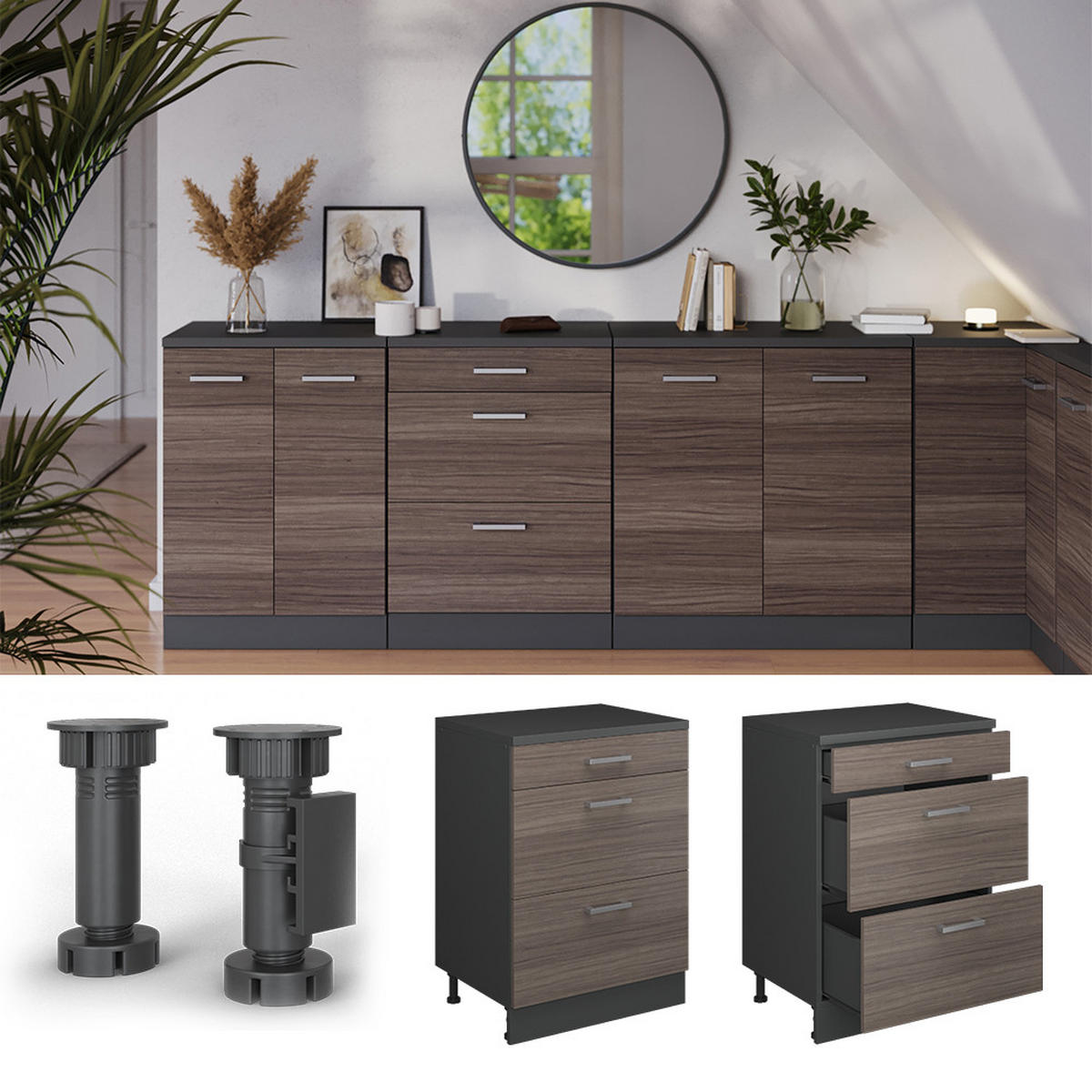 ORMAR ZA POTKROVLJE Rion, Plemenita Siva, 60 x 81.6 cm bez kosine s 3 ladice - siva/antracit, drvni materijal (60/83.8/46cm) - Vicco