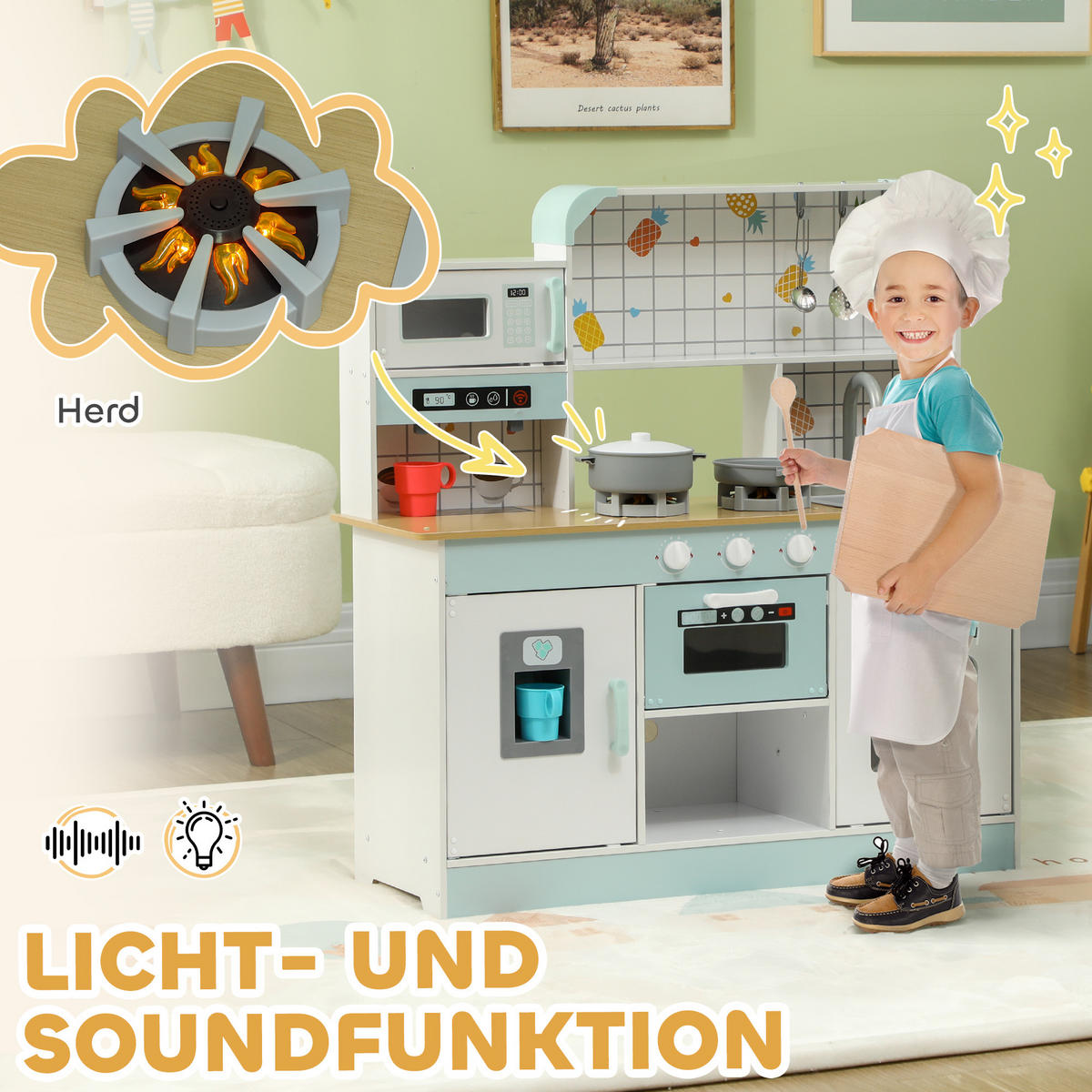 KINDERKÜCHE - Weiß, Holzwerkstoff/Metall (88.6/31.7/90.4cm) - AIYAPLAY