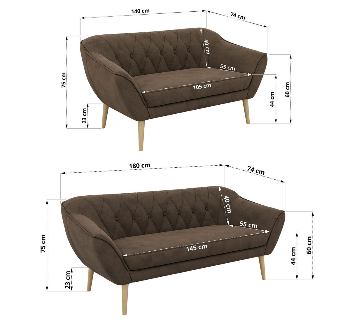 SEDACÍ SOUPRAVA 3+2 PIRS - Hnědá Samet - Dřevěné nohy - tmavě hnědá/barva buku, kompozitní dřevo/textil (180/75/74cm) - MKS
