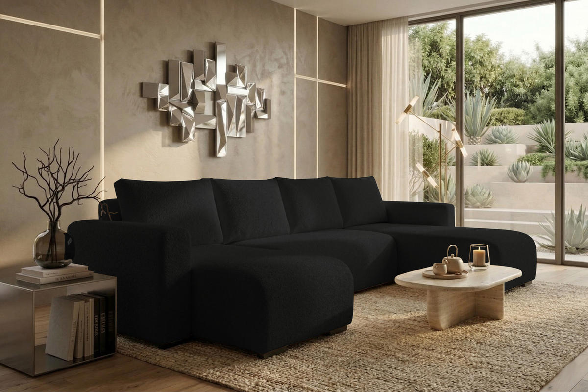 WOHNLANDSCHAFT DORA U mit Bettkasten und Schlaffunktion, U-Form, bequem - Schwarz, Textil (305/85/140cm) - Storez24