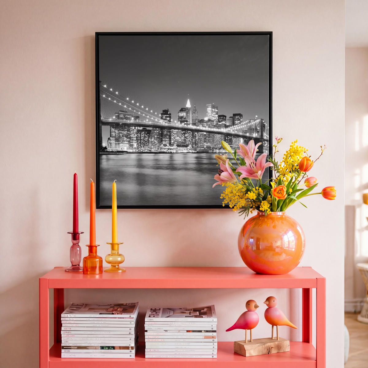 LEINWAND Bilder mit Rahmen - New York - Brücke - Brooklyn - Schwarz und weiß - Architektur - 50x50 - Schwarz, Textil (50/50cm) - MuchoWow