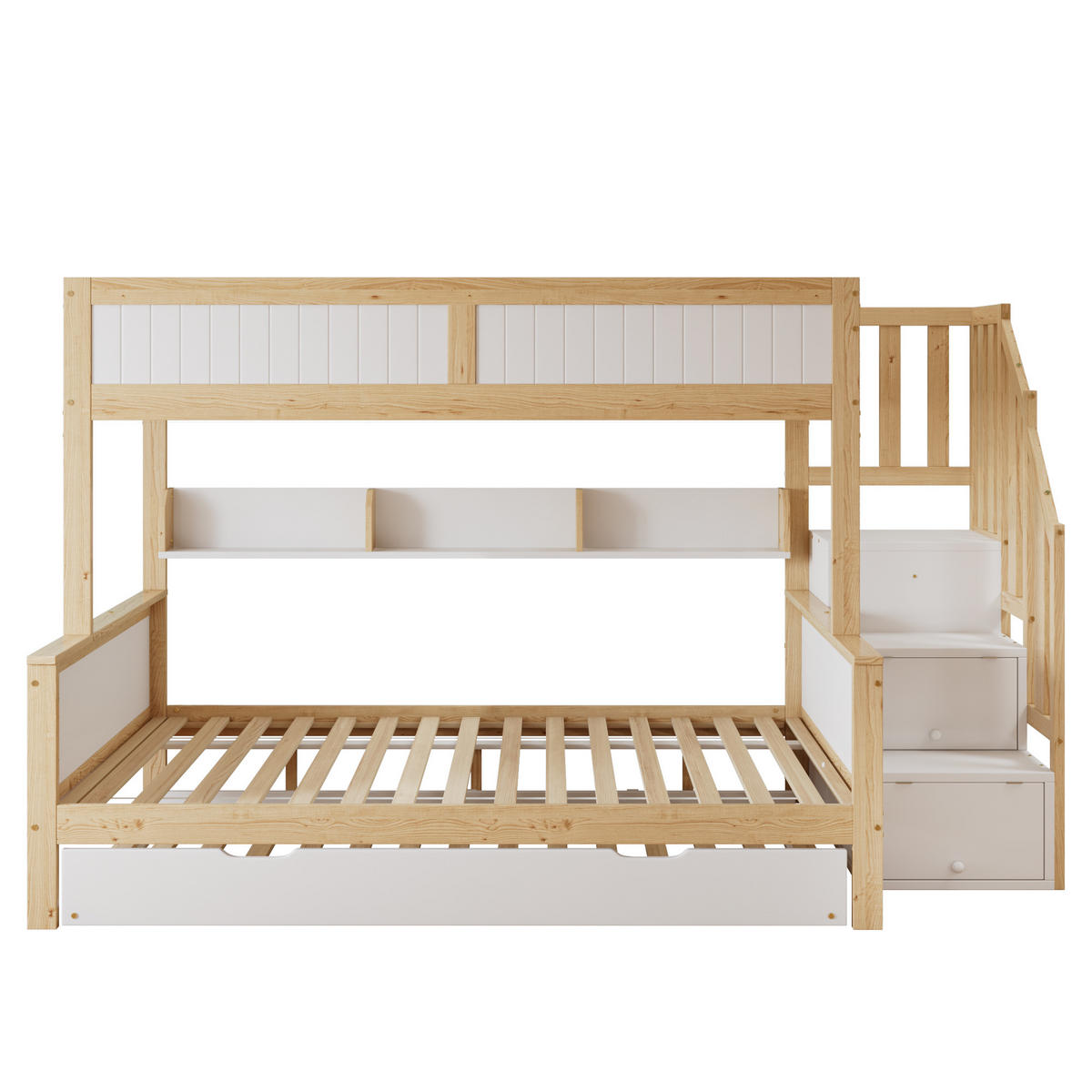 ETAGENBETT 90/200 & 120/200 cm Weiß Natur mit Rollbett und Stauraumtreppe aus Kiefer+MDF - Weiß, Holzwerkstoff (90/200cm) - OKWISH