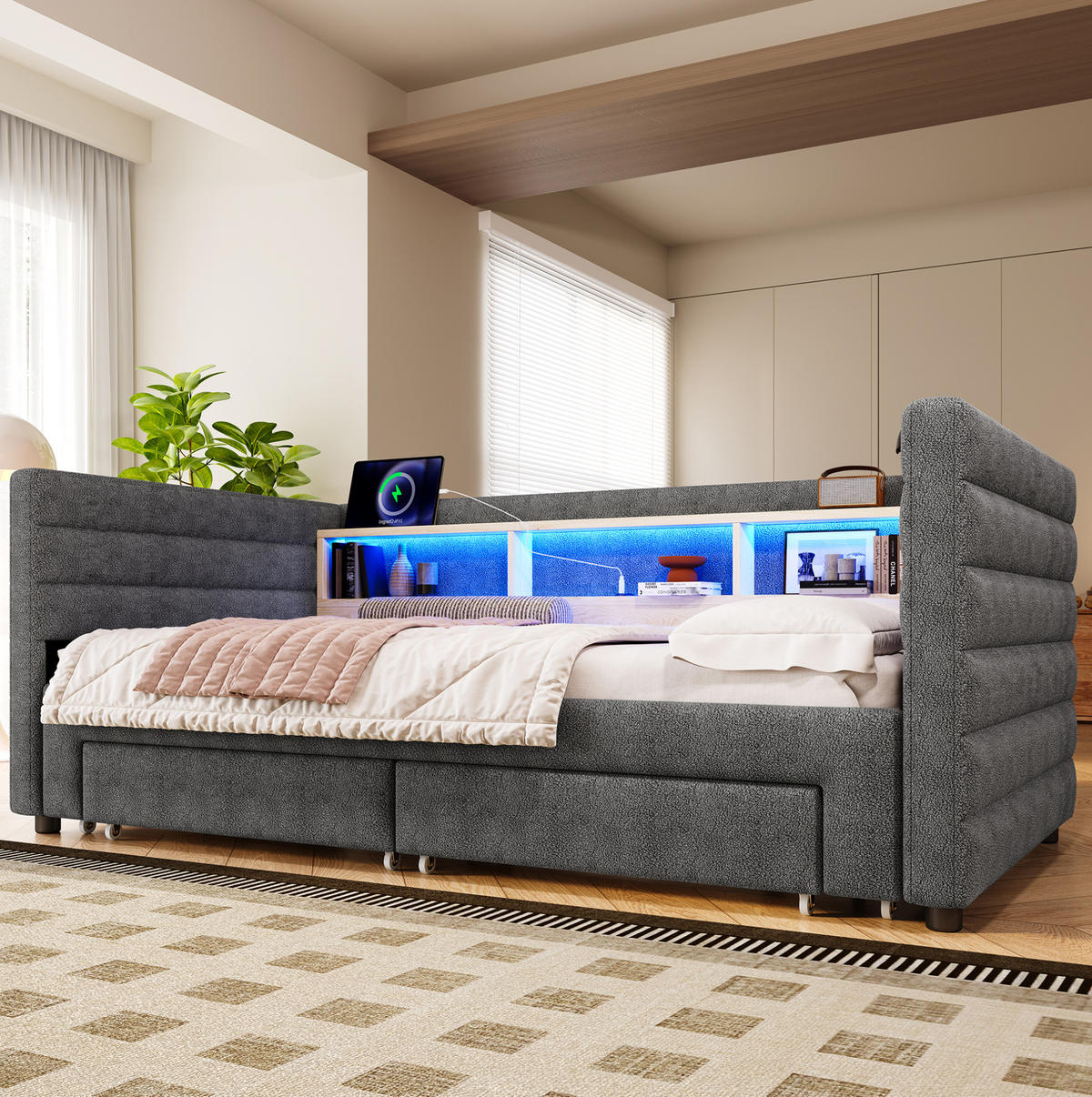 ČALÚNENÁ posteľ zo zamatu 90x190 cm sivá s výsuvným lôžkom, LED osvetlením, USB a úložným priestorom - sivá, textil (90/190cm) - Modfu