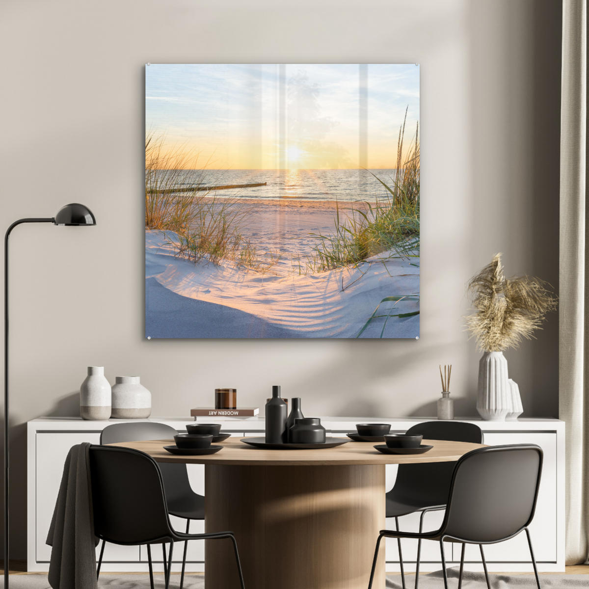 OBRAZ NA AKRYLOVOM SKLE Pláž - Slnko - Duny - Tráva - Piesok - Horizont 90x90 cm - svetlomodrá, sklo (90/90cm) - MuchoWow