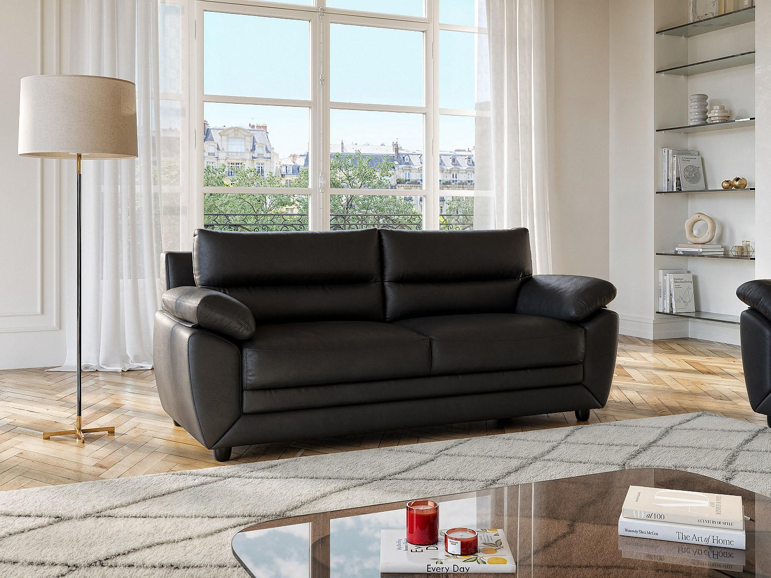 Thumbnail - Vente-Unique Sofa, Schwarz, Leder, Uni, 3-Sitzer, 201x88x82 cm, Wohnzimmer, Sofas & Couches, Sofas
