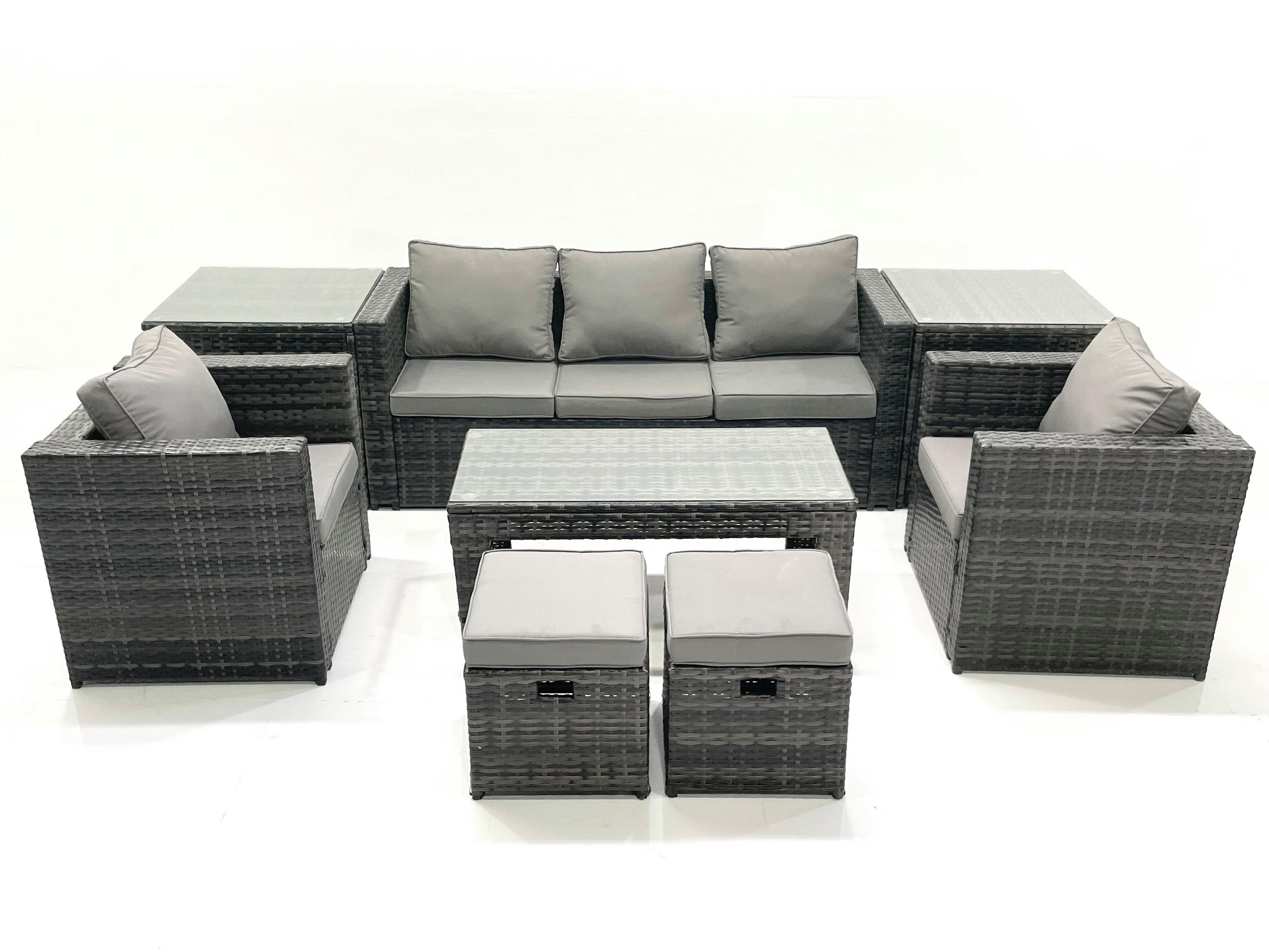 GARTENMÖBEL-SET COUCHTISCH SESSEL SOFA mit HOCKER Polyrattan Dunkelgrau Gemischt 7-Sitzer - Dunkelgrau/Grau, Glas/Kunststoff - Fimous
