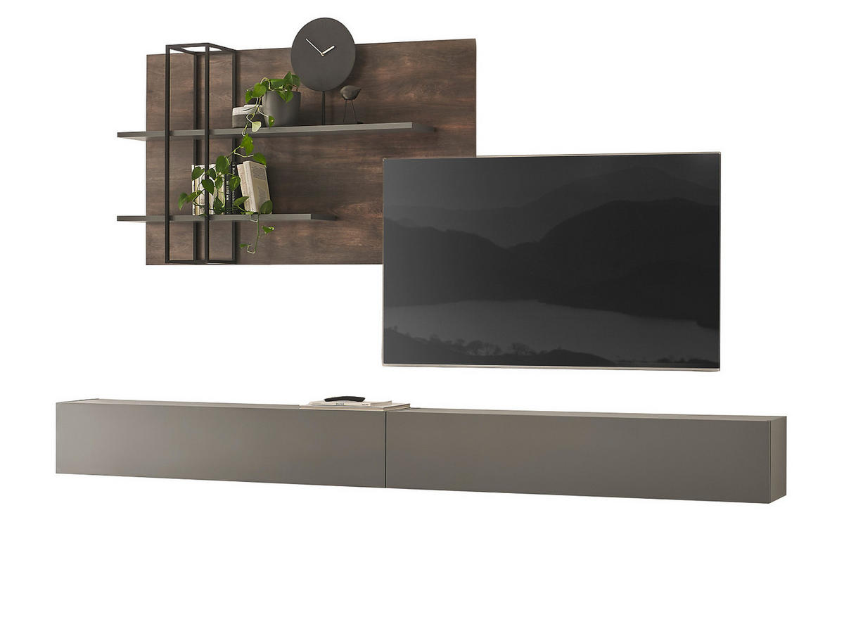 WOHNWAND Thermo Eiche, grau, Wohnkombination 3-teilig 304 x 170 cm - Eichefarben/Grau, Holzwerkstoff (304/170/30cm) - Furn.Design