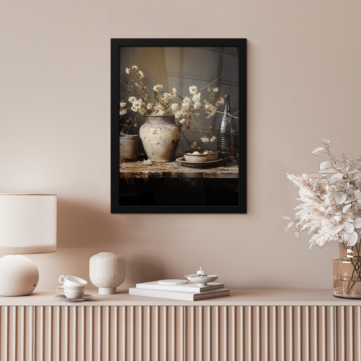 GERAHMTES BILD Stilleben - Blumen - Blumenstrauß - Vase - Wein 30x40 cm - Schwarz, Papier (30/40cm) - MuchoWow