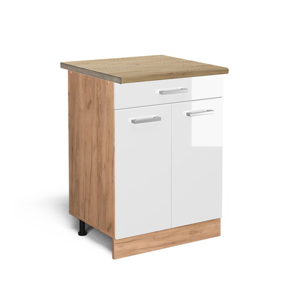 KÖKSUNDERSKÅP R-Line Vit högblank 60 cm med låda, AP ek Vit högglans, Honungsek 81.6/60/60 cm