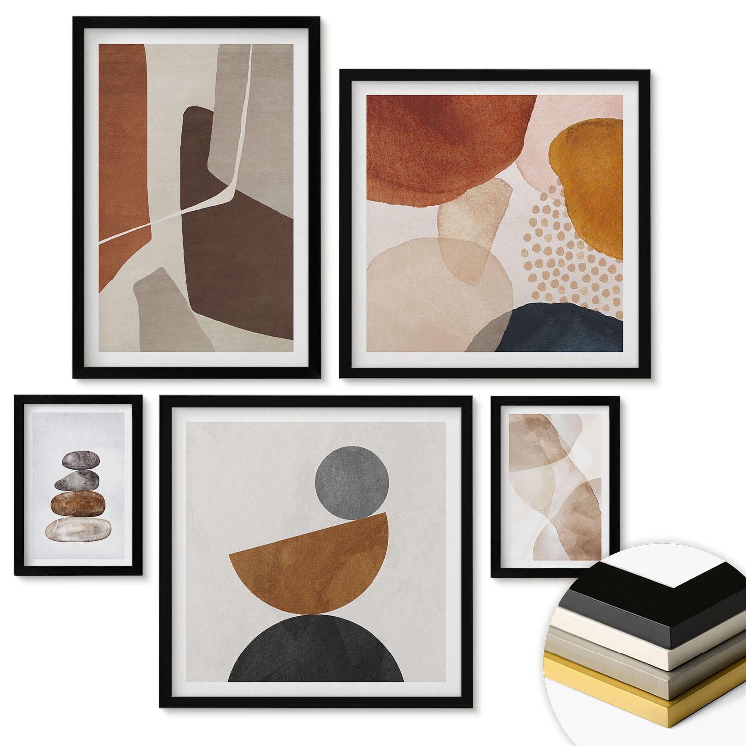 WANDBILDER 5er-Set - 50x50 cm & 20x30 cm & 40x60 cm Schwarzer Rahmen - Abstrakte Malerei Dekorationen - Schwarz, Kunststoff (40/60cm) - ArtPrintCave
