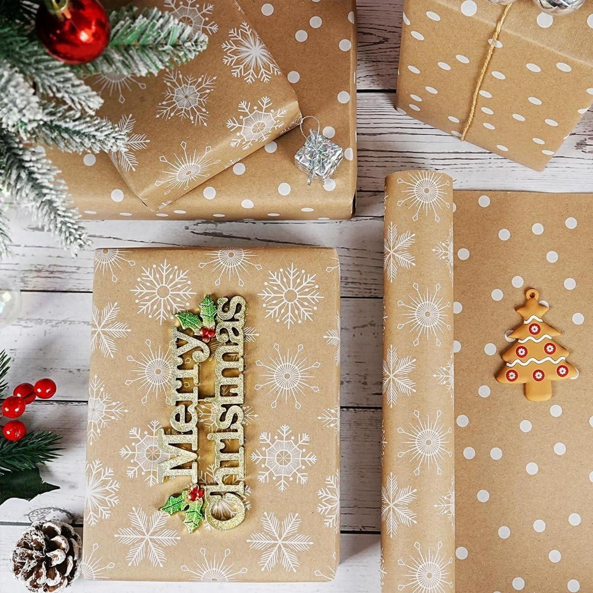 GESCHENKPAPIER Rolle Weihnachten 43 cm x 10 m Schneeflocken Dots Design - Braun, Papier (43/0.1/1000cm)