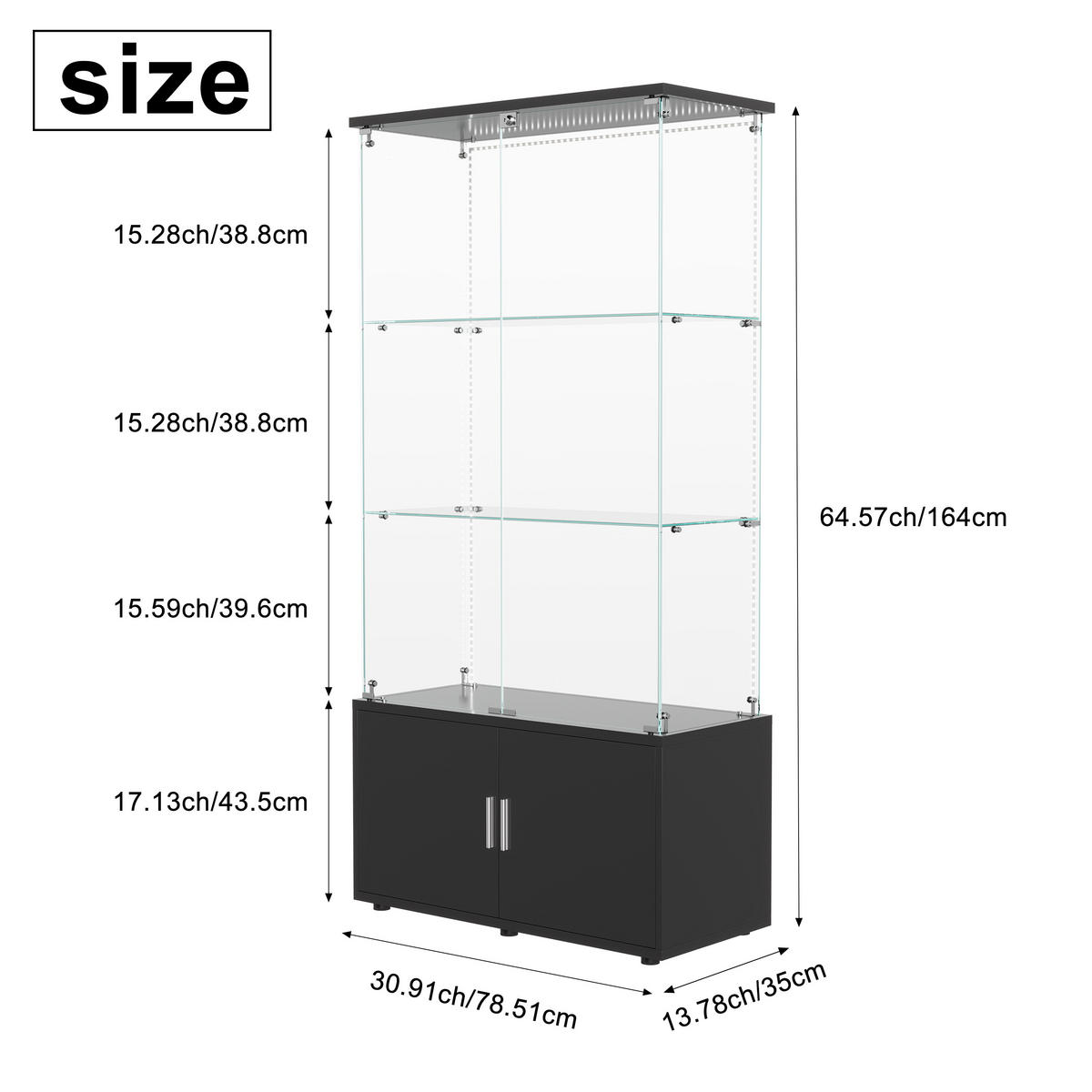 VITRINE mit Doppelglasfront, 3 Glasablagen & zweitürigem Unterschrank, LED-Lichtleiste, Schwarz - Schwarz, Glas/Holz (78.51/164/35cm) - BRILVERDE
