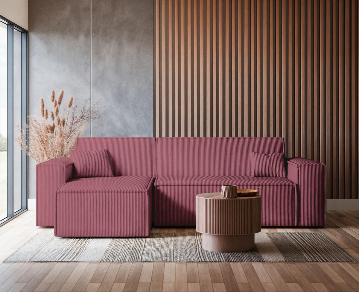 ECKSOFA Scarlo Dunkelrosa Cordbezug - Dunkelrosa/Schwarz, Kunststoff/Textil (244/145cm) - Selsey
