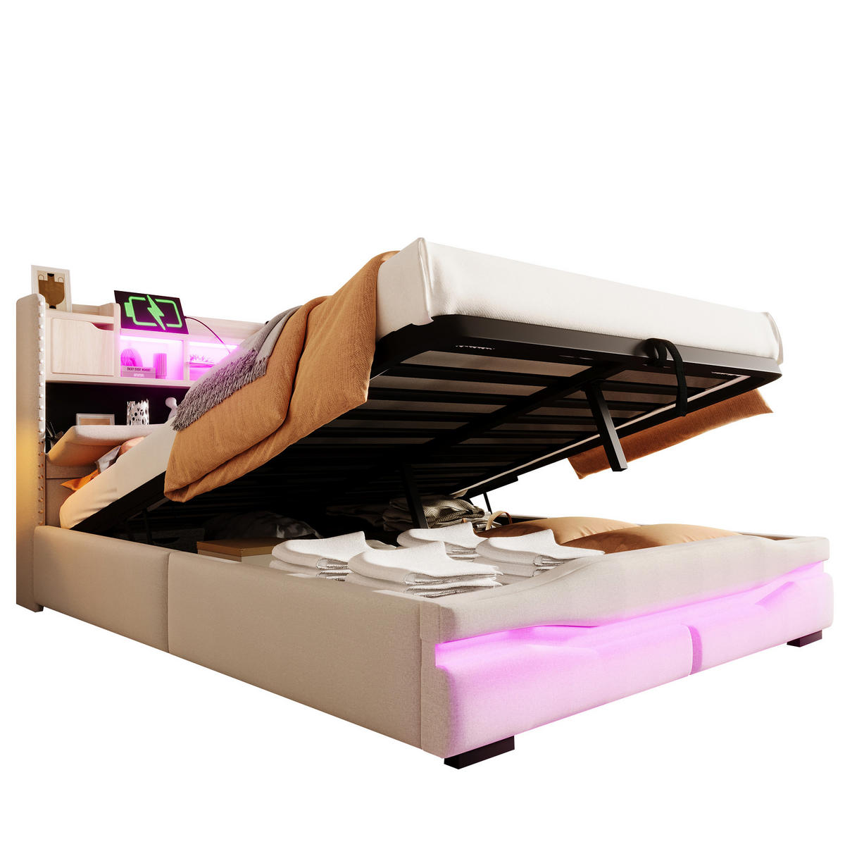 POLSTERBETT 140/200 cm Beige mit USB- und Type-C-Anschlüssen und LED-Beleuchtung - Beige, Textil (140/200cm) - OKWISH