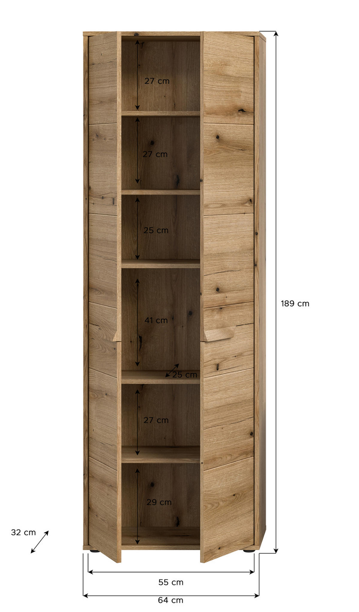 HOCHSCHRANK Evoke Eiche 64 cm, Badschrank mit Soft-Close - Eichefarben/Schwarz, Holzwerkstoff/Kunststoff (64/189/32cm) - Inn.Furn