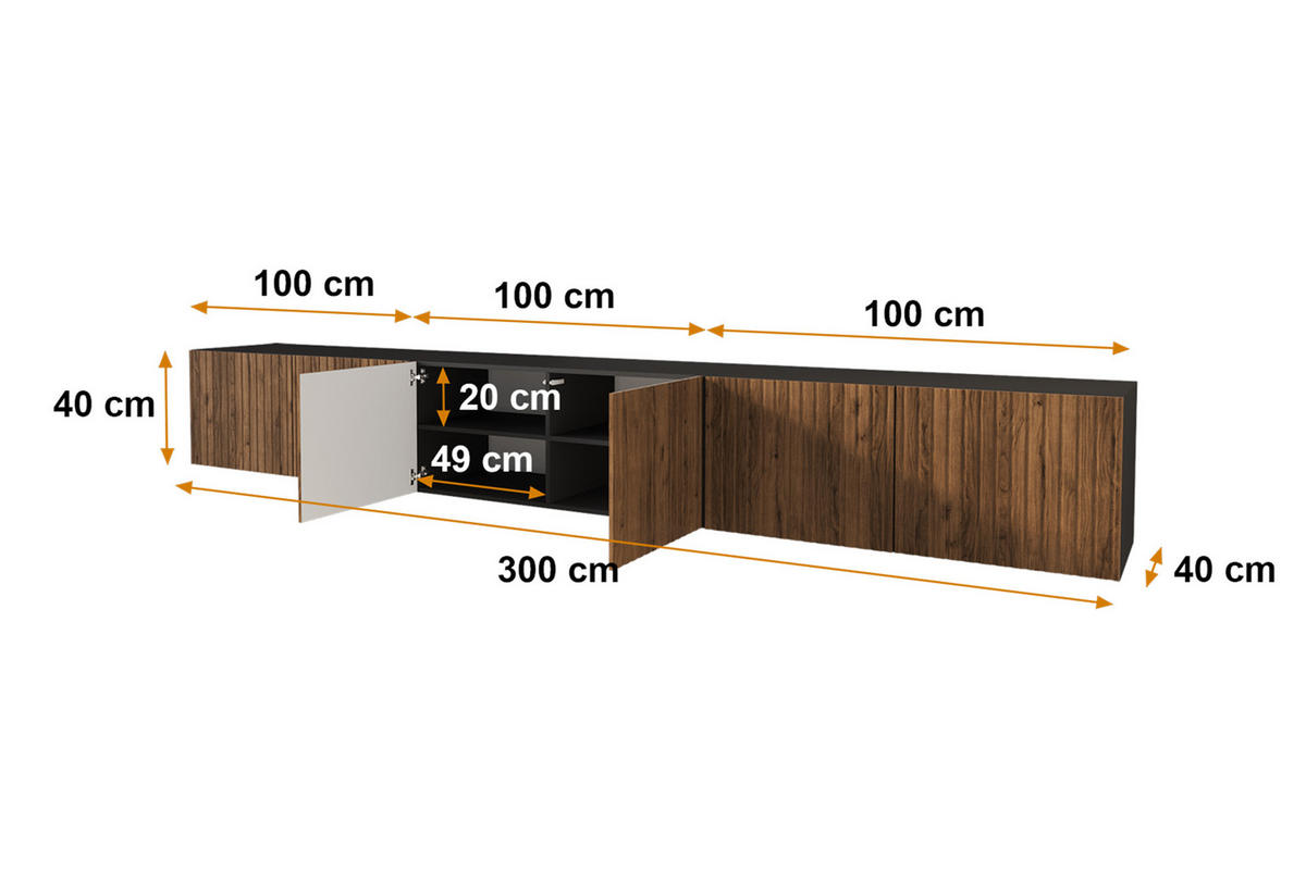 LOWBOARD KITO-W 3x100x40x40 cm - Schwarz / Katania - Eiche Wotan/Schwarz, Holzwerkstoff (300/40/40cm) - ALTDECOR
